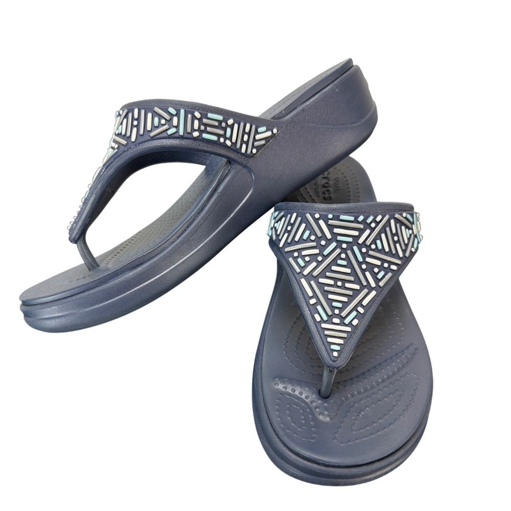 Crocs Monterey 206851 Blue Beaded Wedge Flip Sandals size 7 Comfort Summer